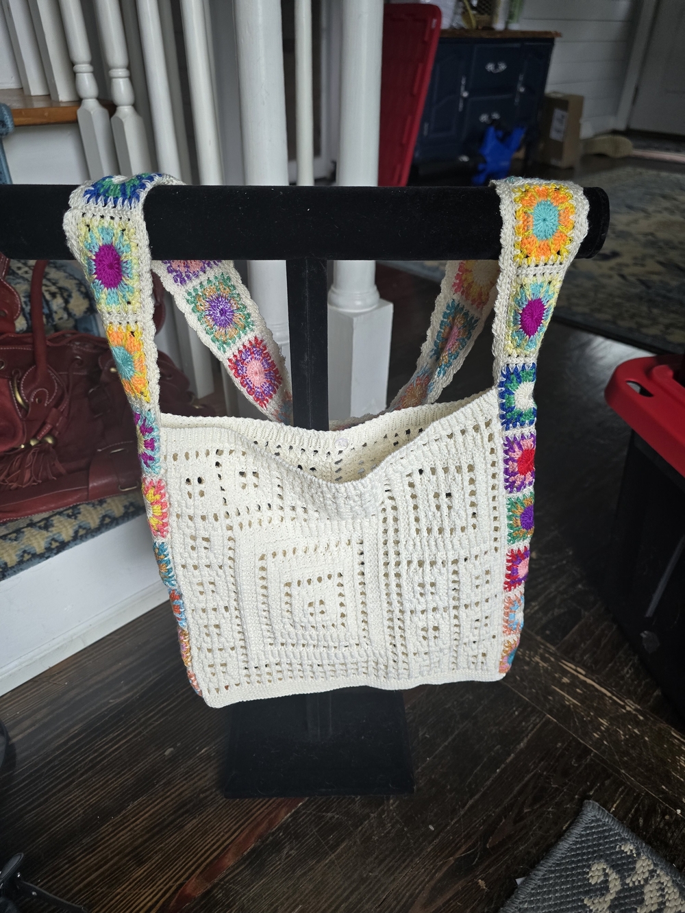 Crochet Square Tote Bag with Colorful Strap - Cream